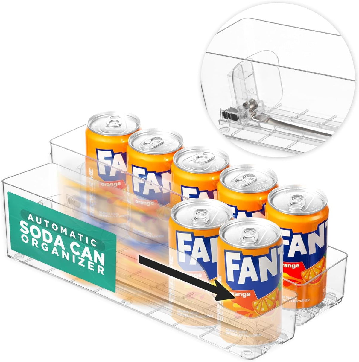 Clear acrylic can dispenser front-loading design, close-up view